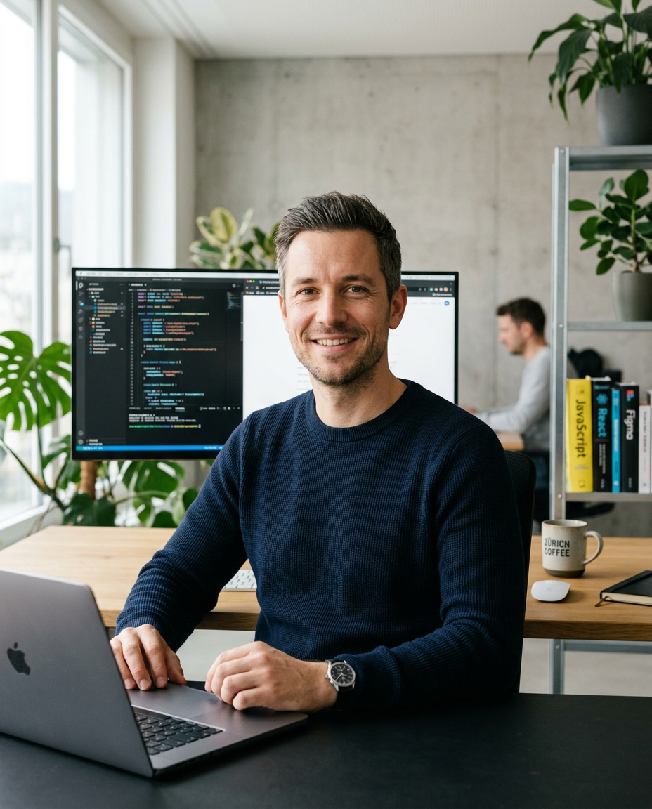 Lirion Zeka, Gründer und Senior Developer von Helvetiq Studio, in seinem Zürcher Büro