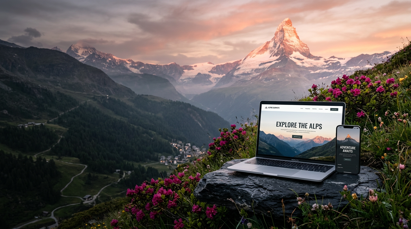 Laptop und Smartphone mit einer von Helvetiq gestalteten Website vor dem Matterhorn im Abendlicht