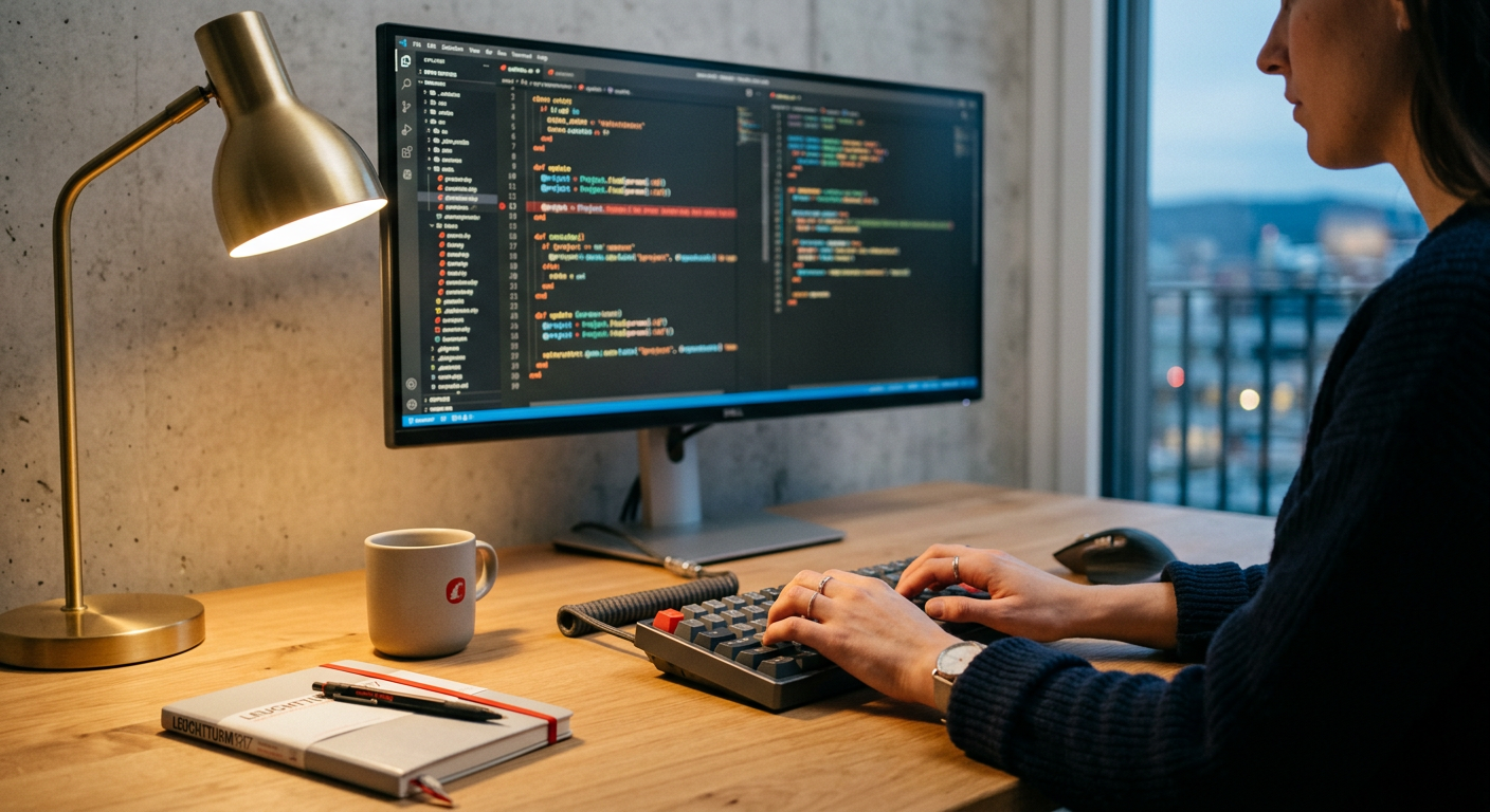 Entwickler tippt auf einer Tastatur vor einem Bildschirm mit Code