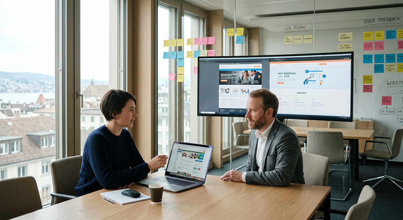 Zwei Personen vergleichen alte und neue Website in einem Besprechungsraum