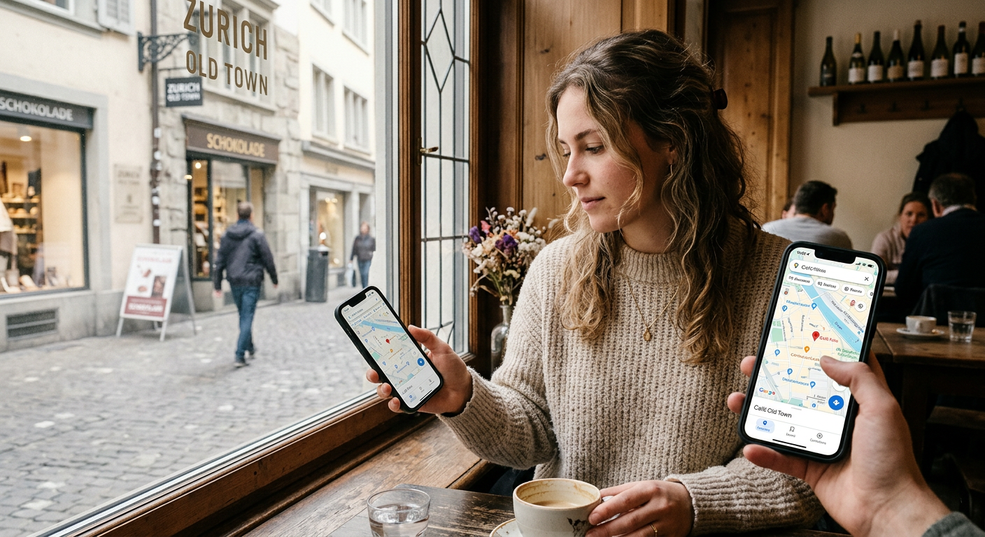 Smartphone mit lokaler Kartensuche in einem Café in Zürich