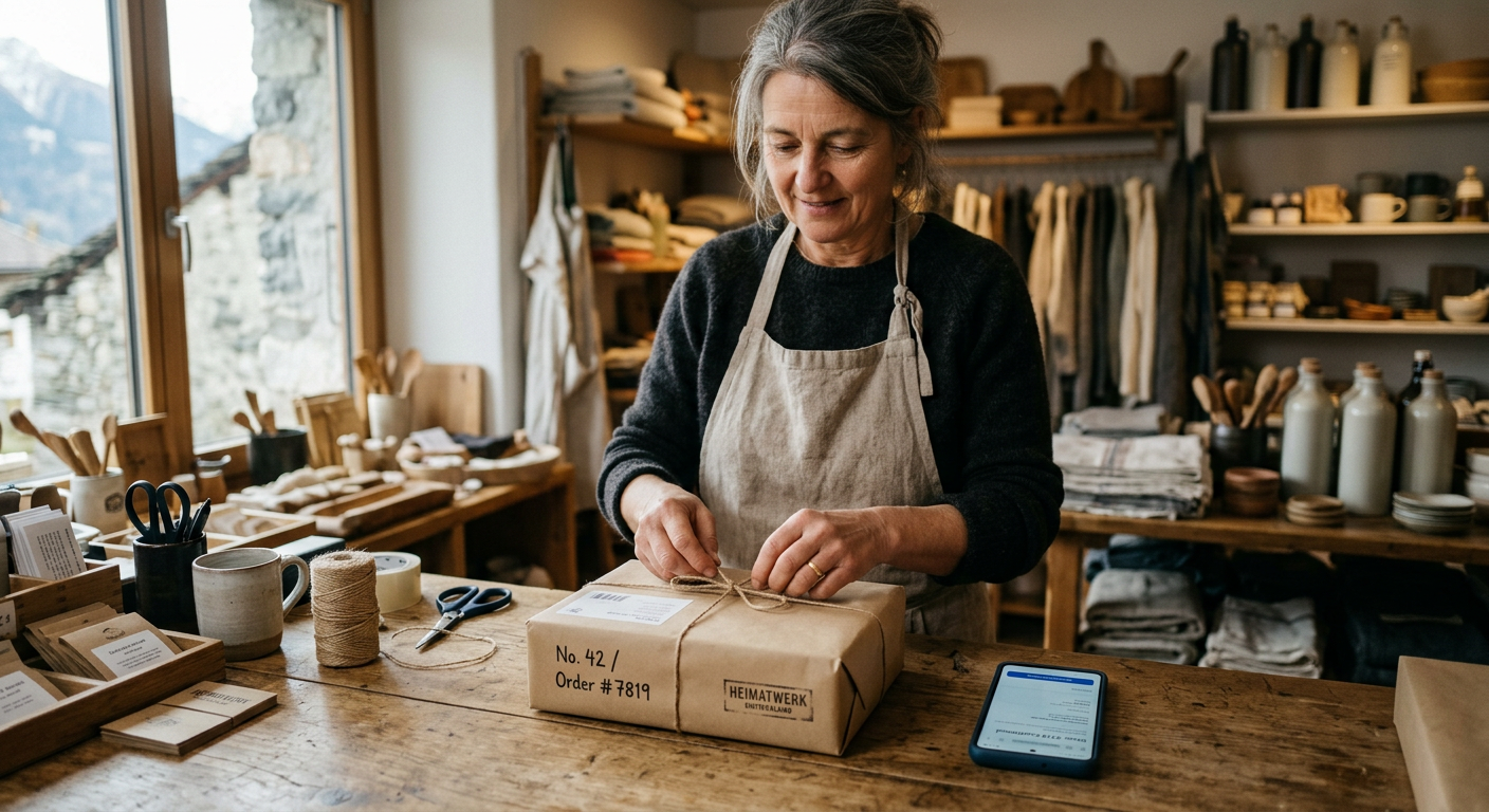 Ladeninhaberin verpackt eine Online-Bestellung