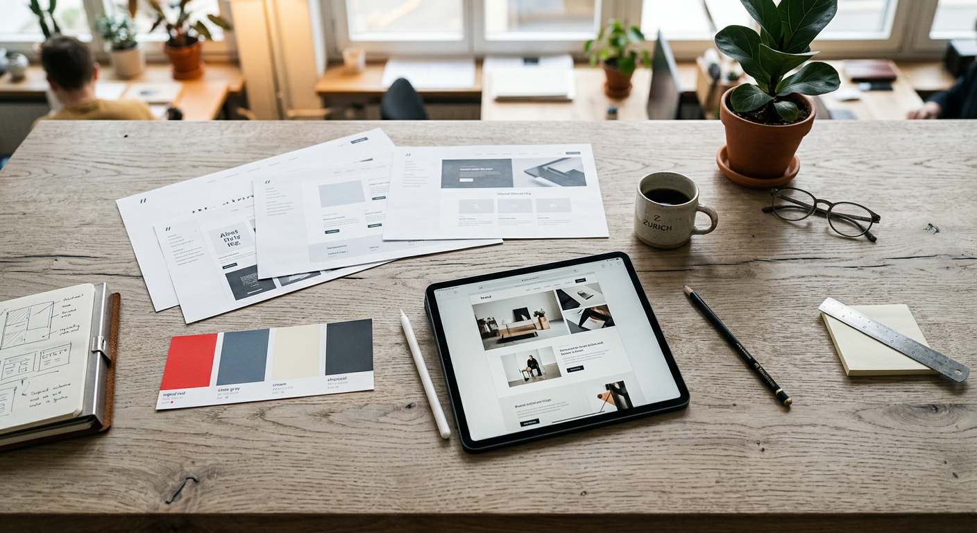 Layout-Entwürfe, Farbmuster und Tablet mit Website-Entwurf auf einem Designtisch